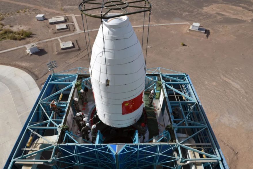 Stacking of a Long March 2D payload fairing at Jiuquan in the Gobi Desert in June 2020.