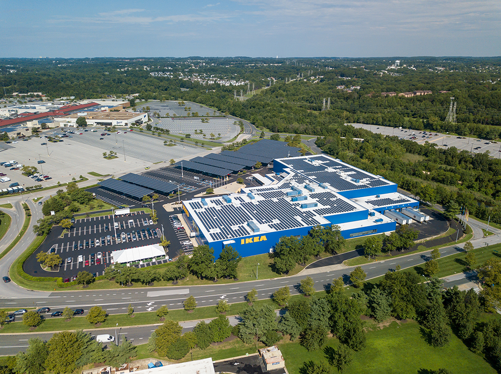 Aerial view of IKEA Baltimore location. Solar panels can be seen over car port.