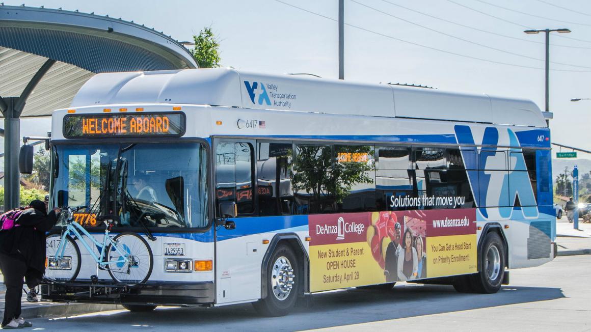 A Valley Transit Authority bus picking up passengers